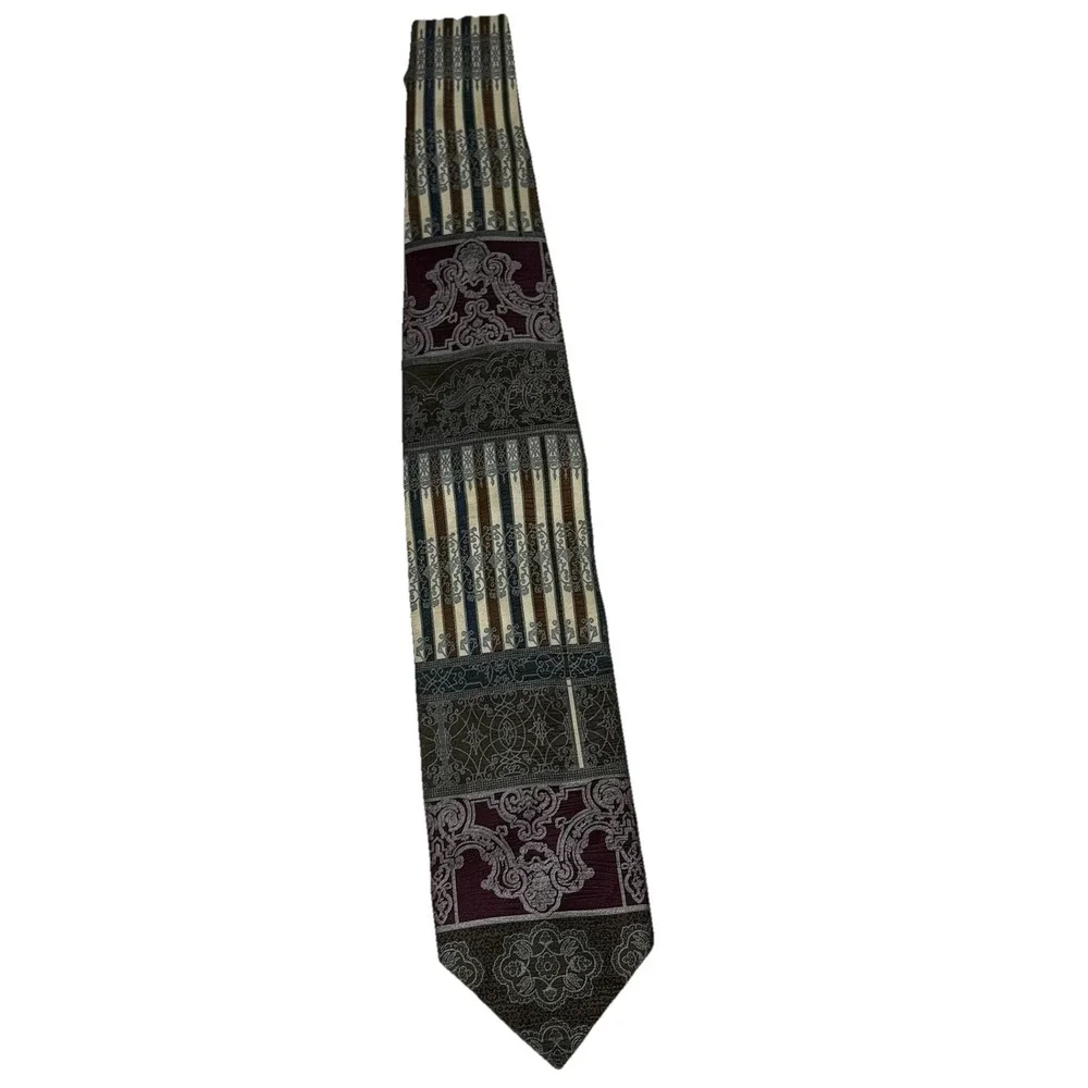 Fratelli Silk Necktie Burgundy Green Paisley Striped Hand Made in Italy Tie